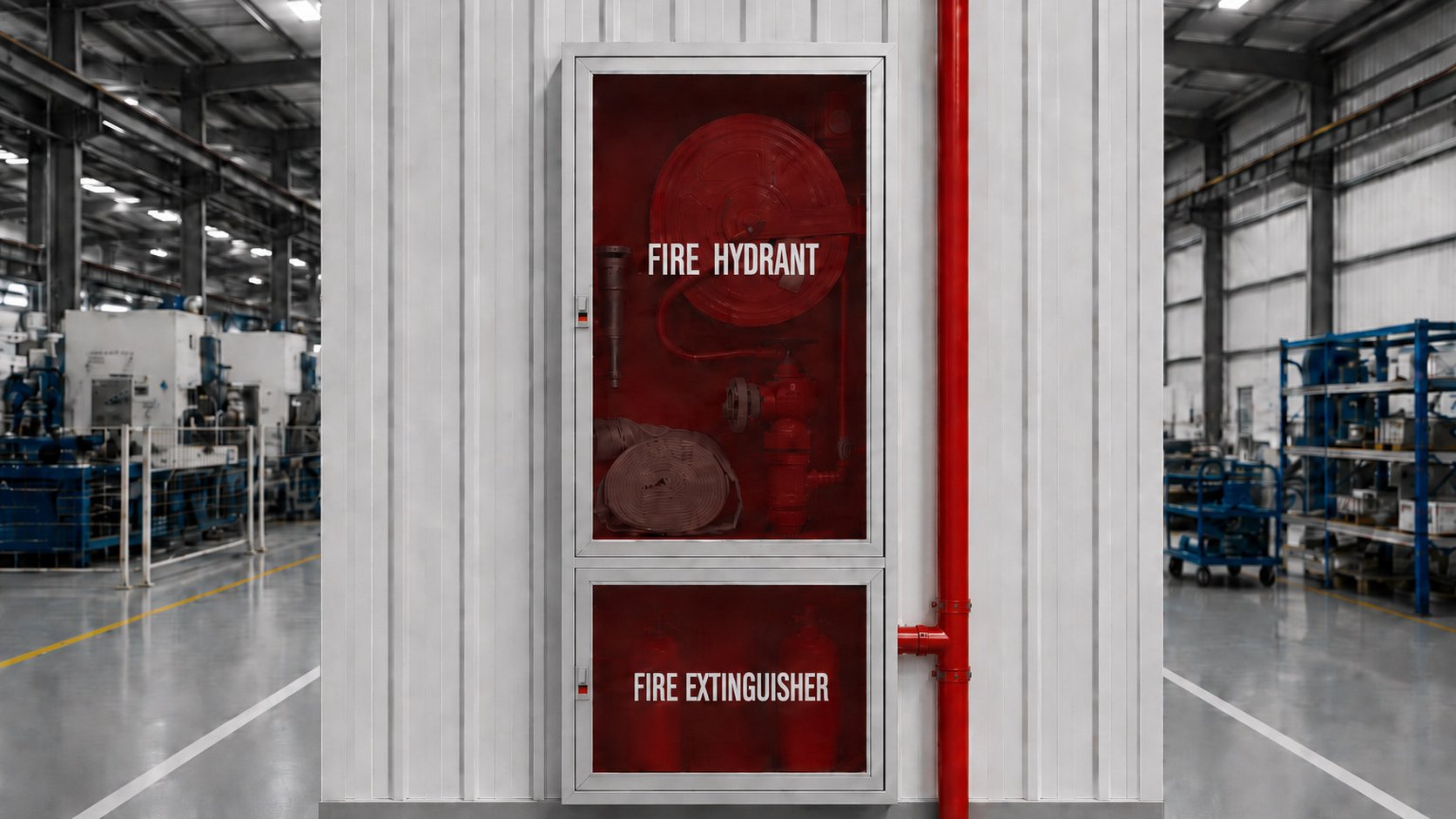 Aluminium-frame glass-door fire hose cabinet with extinguisher compartment in a factory workshop