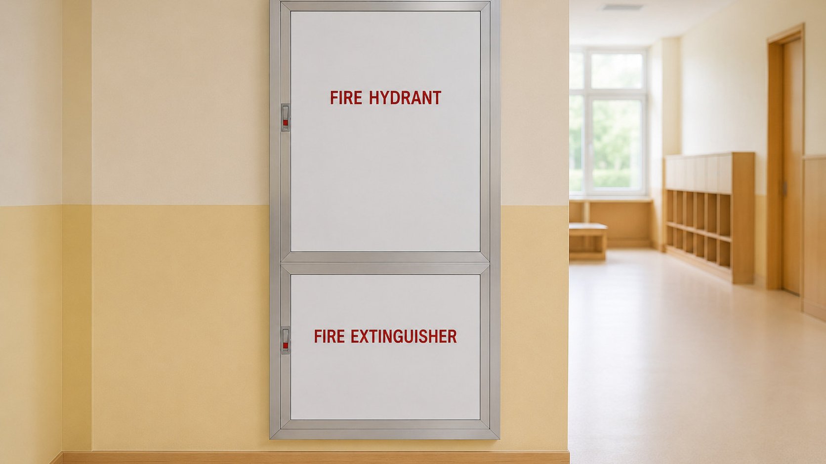White fire hydrant and extinguisher cabinet in a kindergarten hallway