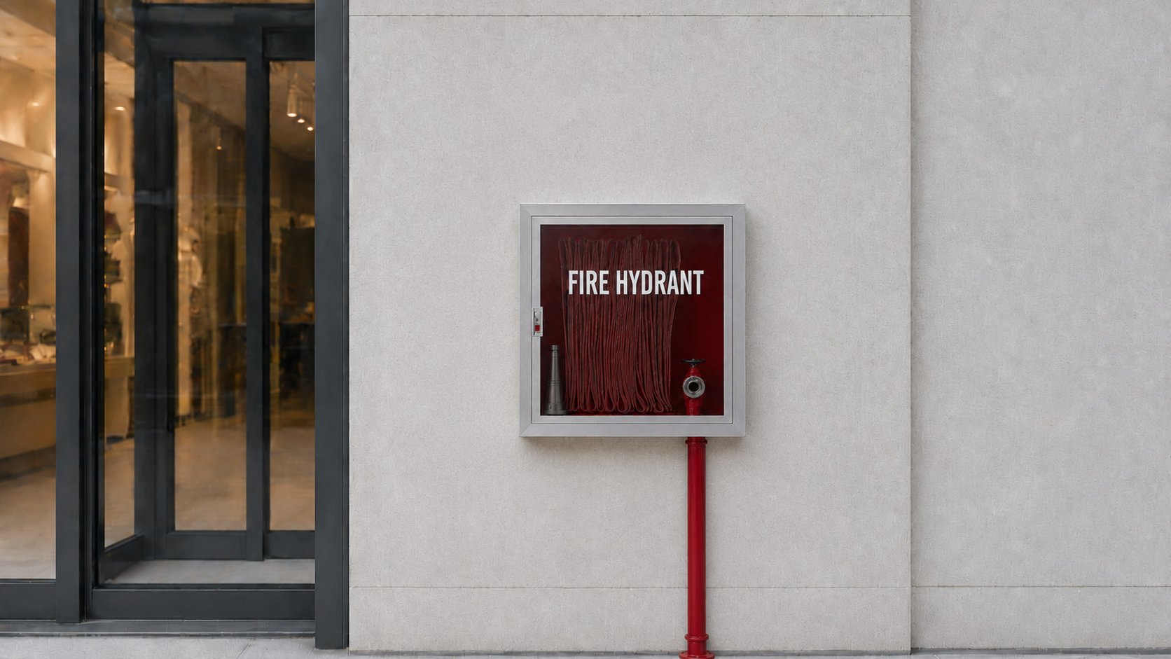 Aluminium-frame glass-door fire hydrant cabinet on a street shopfront wall