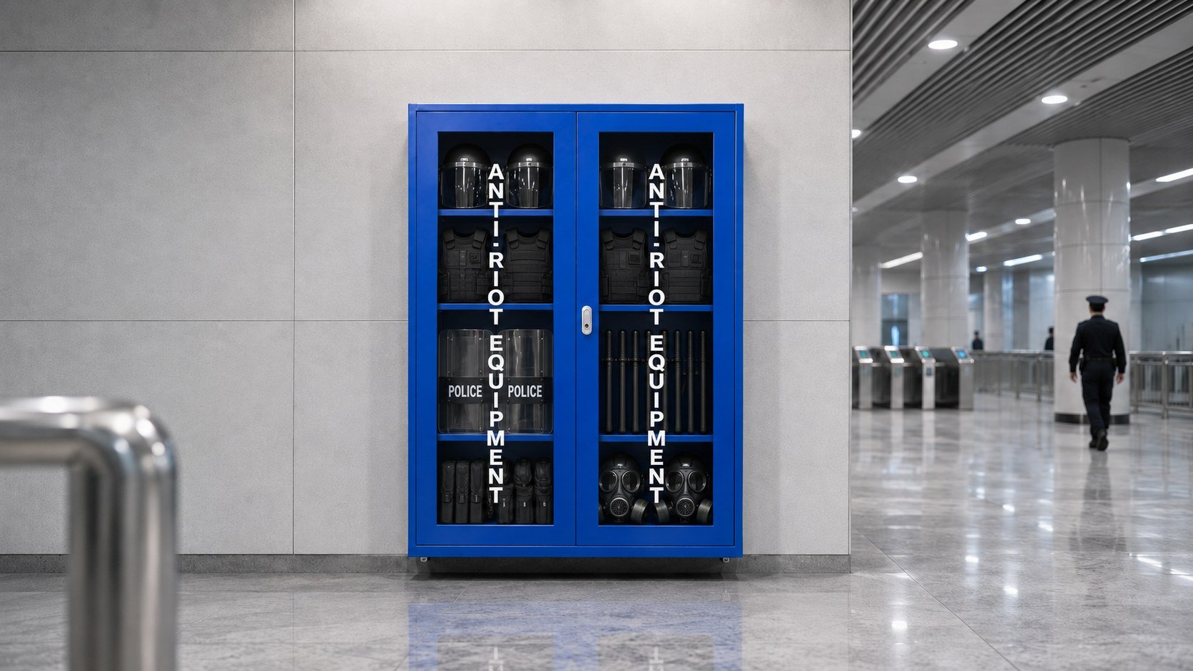 Blue glass-door anti-riot equipment cabinet in a public station hall