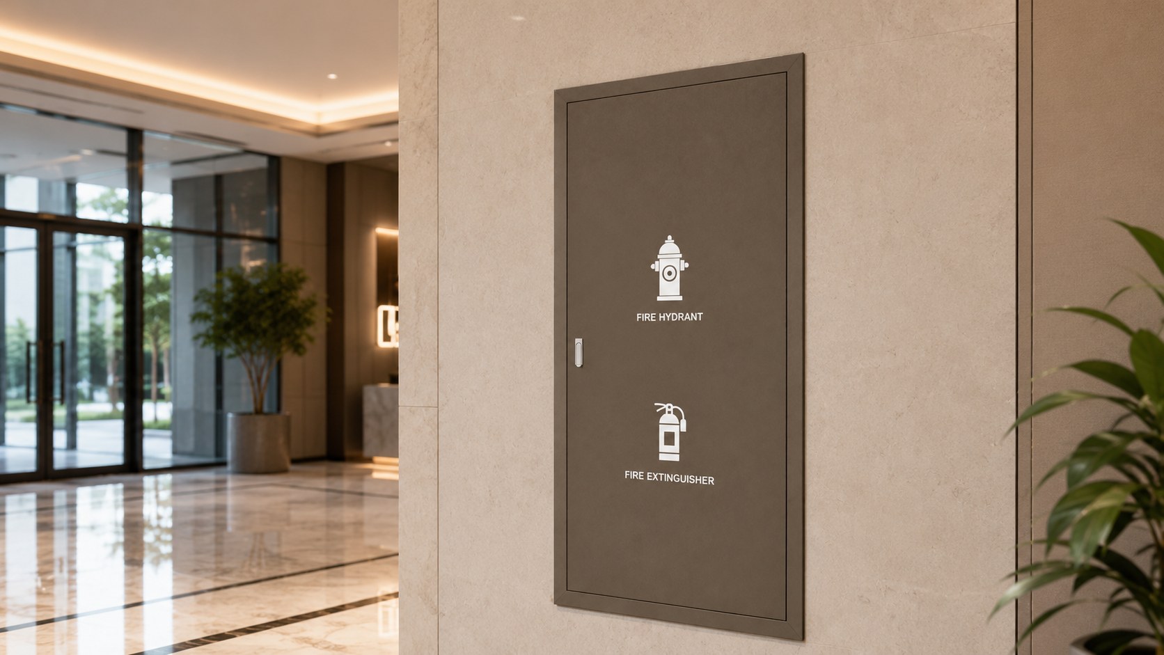 Bronze-finish fire hydrant and extinguisher cabinet recessed in a hotel entrance wall