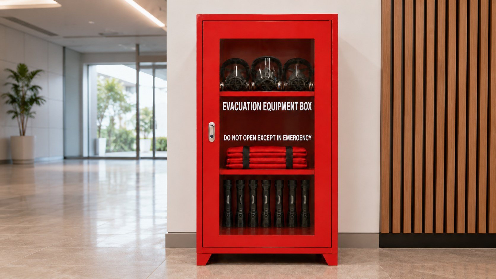 Red glass-door evacuation equipment cabinet in an office lobby