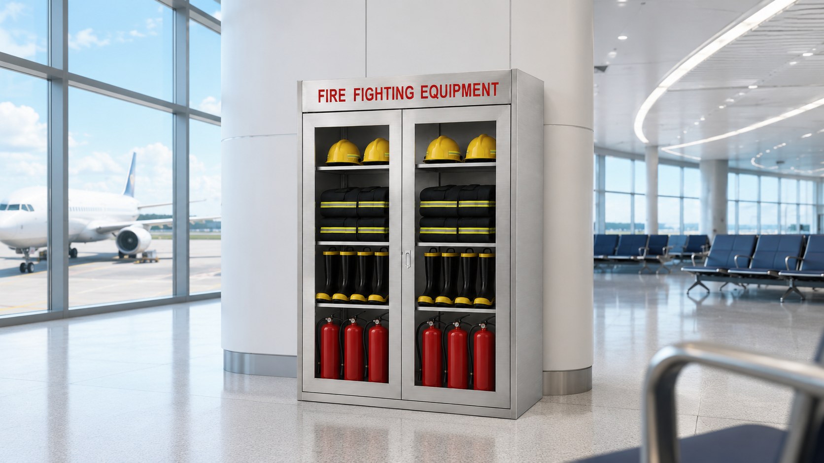 Glass-door stainless steel fire fighting equipment cabinet in an airport terminal