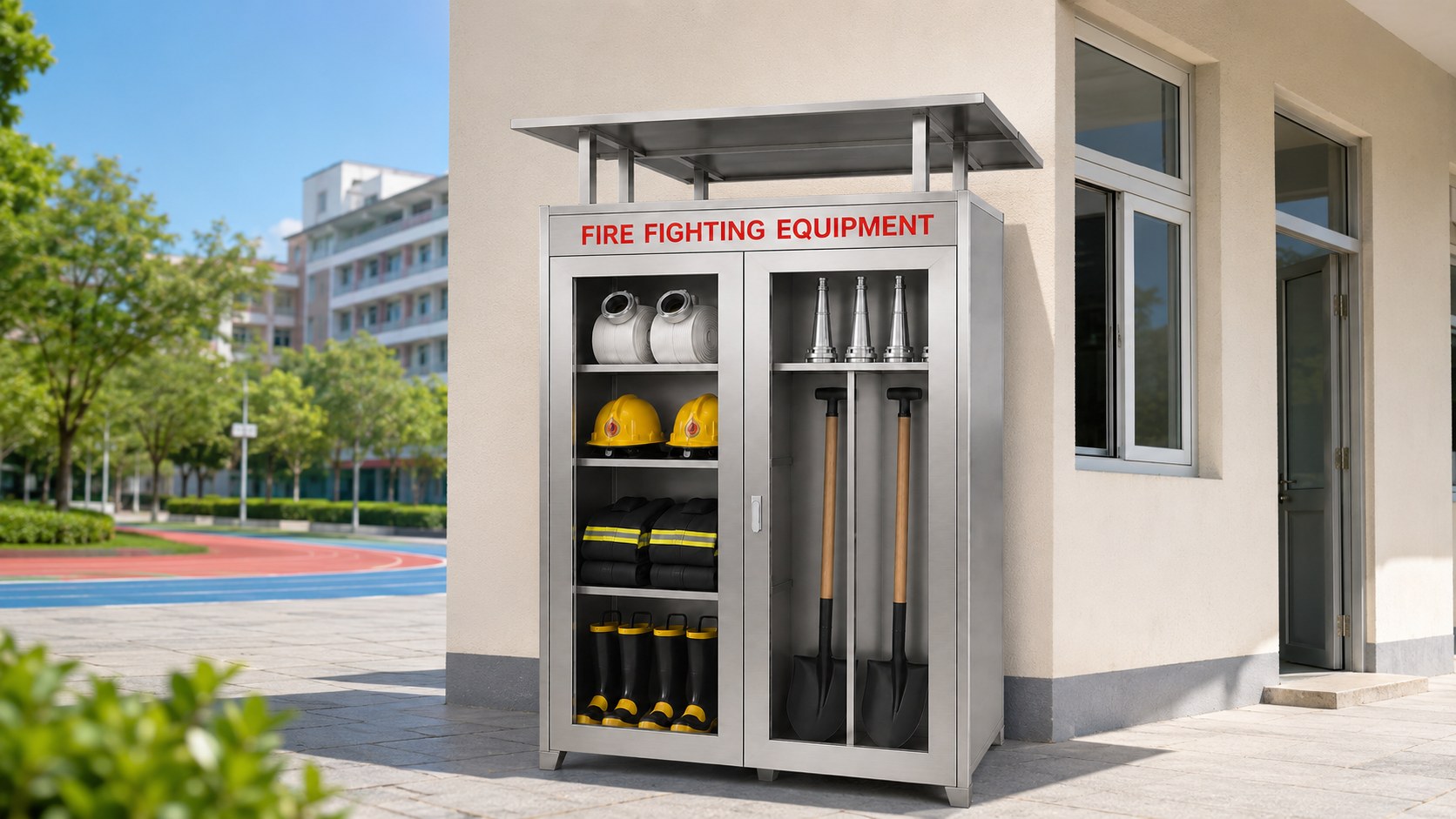 Outdoor stainless steel fire fighting equipment cabinet with canopy on a campus