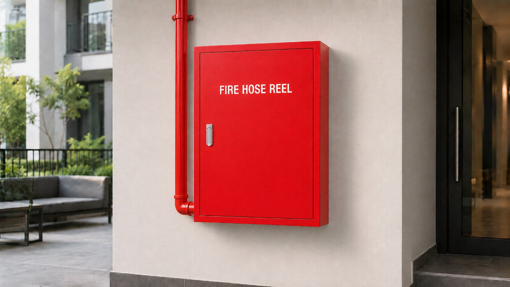 Red wall-mounted fire hose reel cabinet in a building courtyard