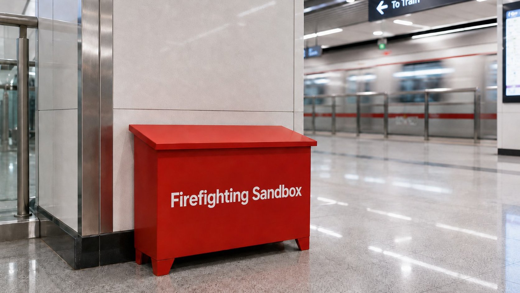 Red firefighting sand box on a metro station platform