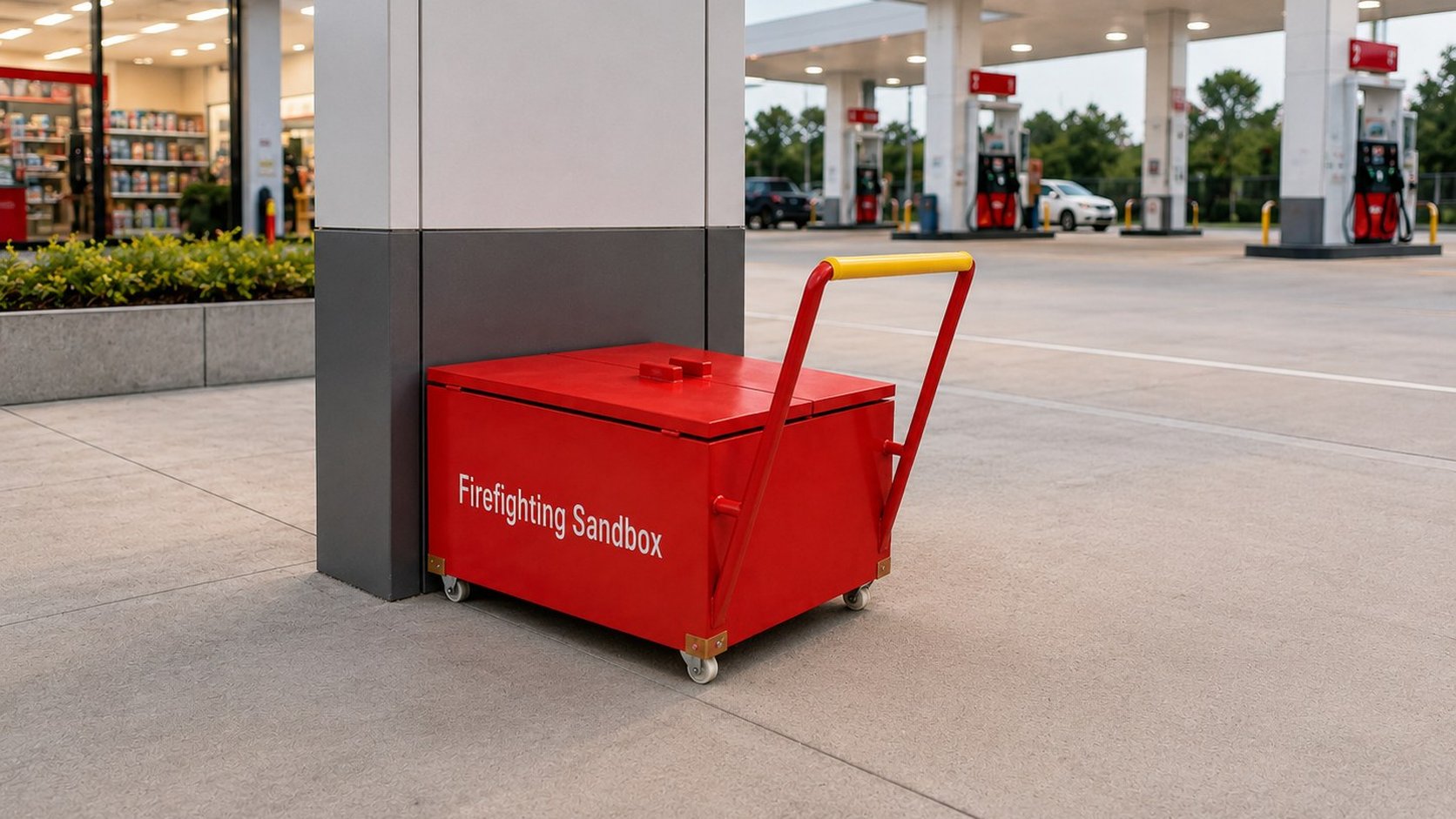 Wheeled red firefighting sand box at a petrol station forecourt