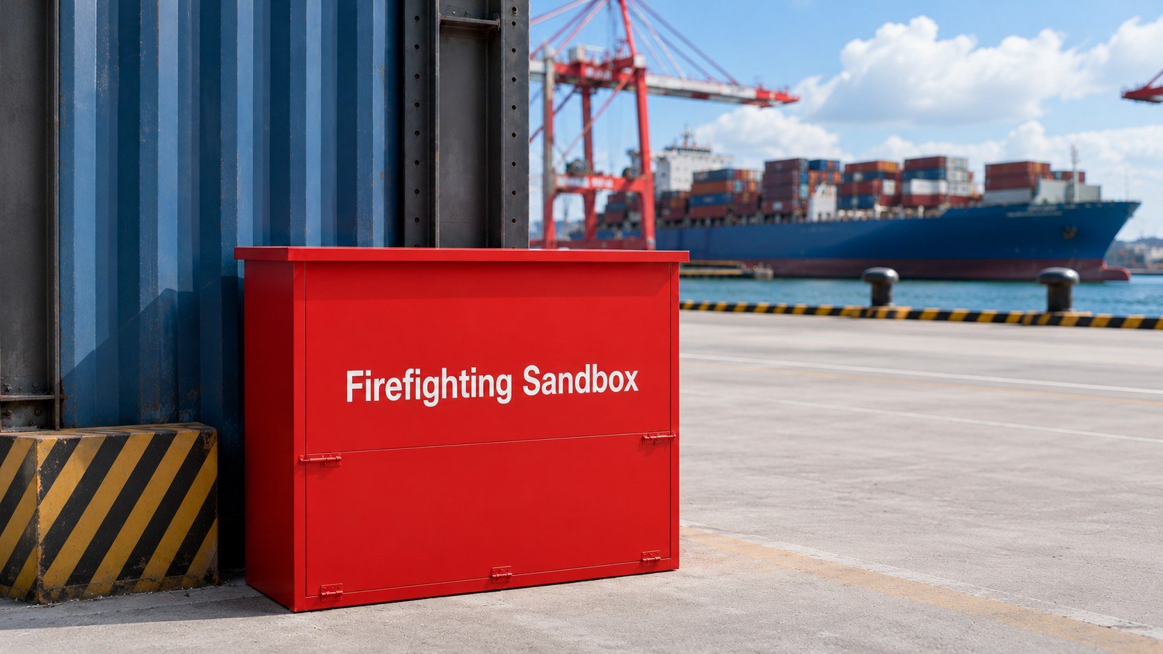 Red firefighting sand box at a container port terminal