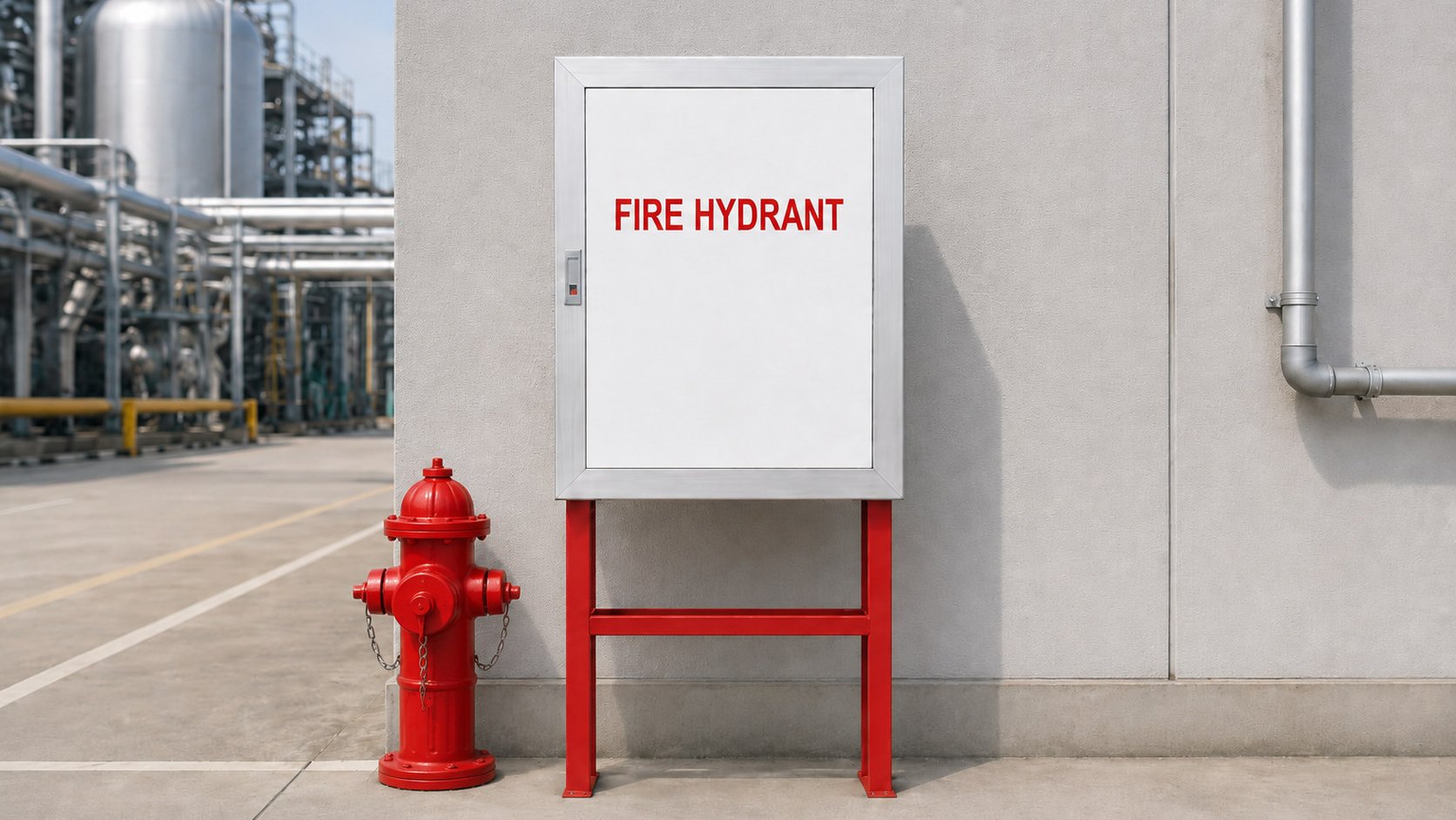Floor-standing fire hydrant cabinet on a stand beside a pillar hydrant at a chemical plant