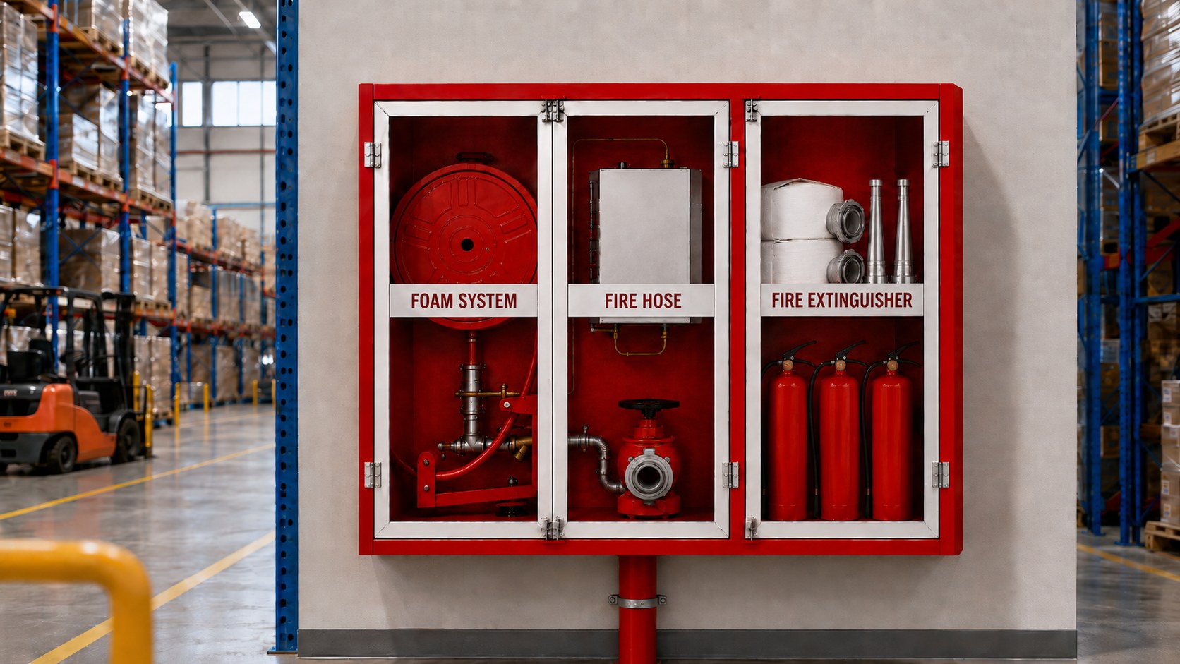 Glass-door foam system, fire hose and extinguisher cabinet in a racked warehouse