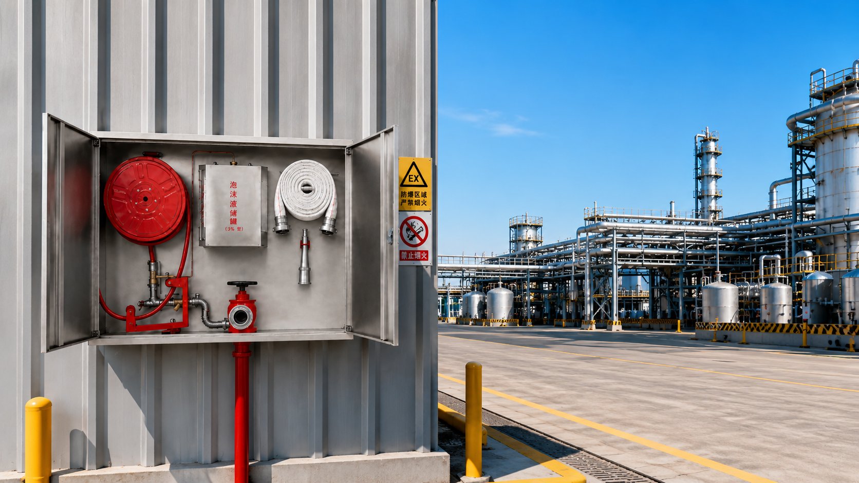 Open foam fire hydrant cabinet with hose reel and foam concentrate tank at a petrochemical plant