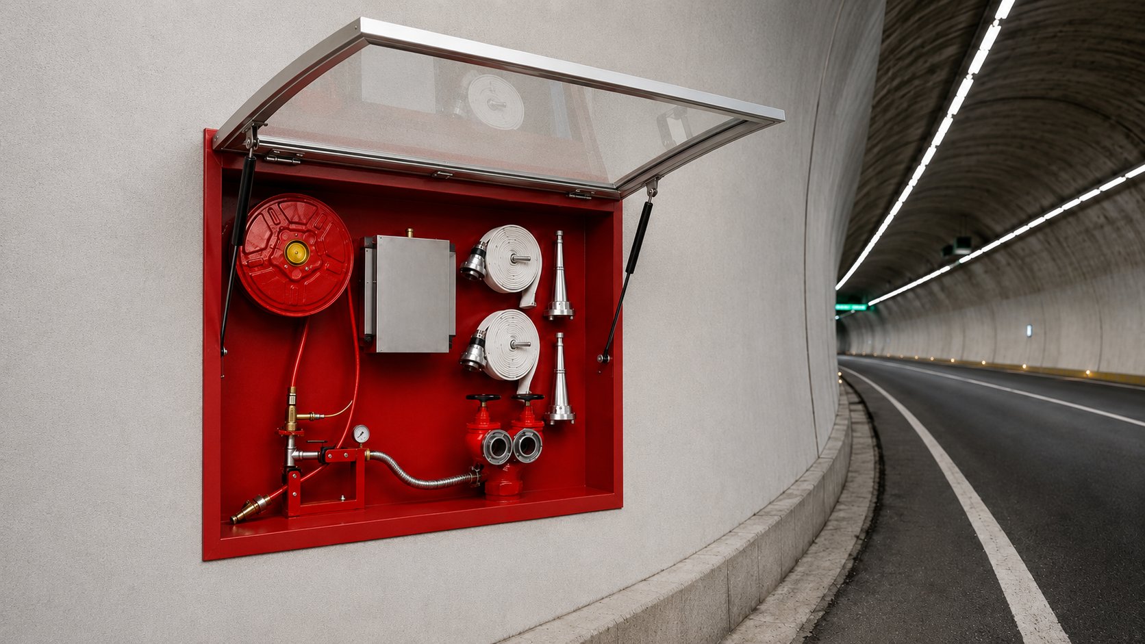 SOKEI arc top-flip foam hydrant cabinet installed in a road tunnel — open, showing hose reel, foam proportioner tank and deluge valves