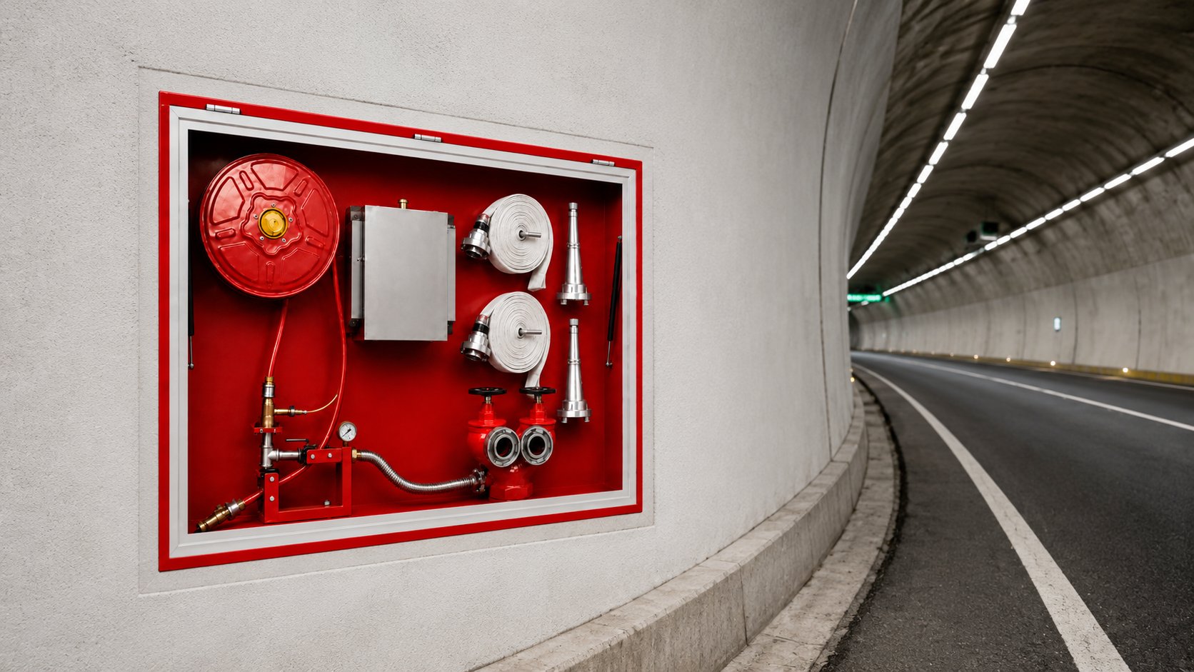 Recessed foam fire hydrant cabinet with hose reel, foam tank and twin outlet valves in a road tunnel