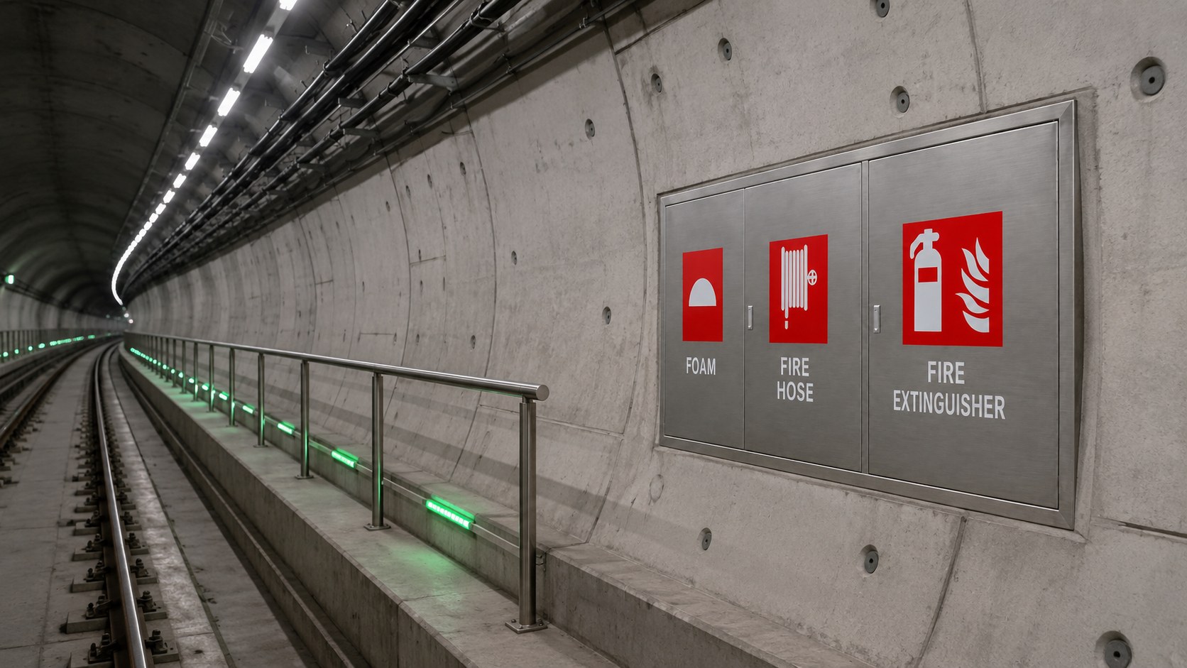 Stainless steel foam hydrant cabinet with FOAM, FIRE HOSE and FIRE EXTINGUISHER pictograms recessed in a rail tunnel wall