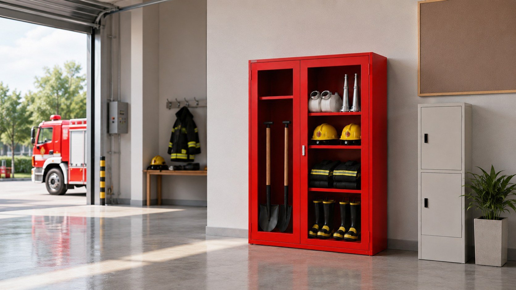 Open micro fire station equipment cabinet with helmets and gear at a fire point