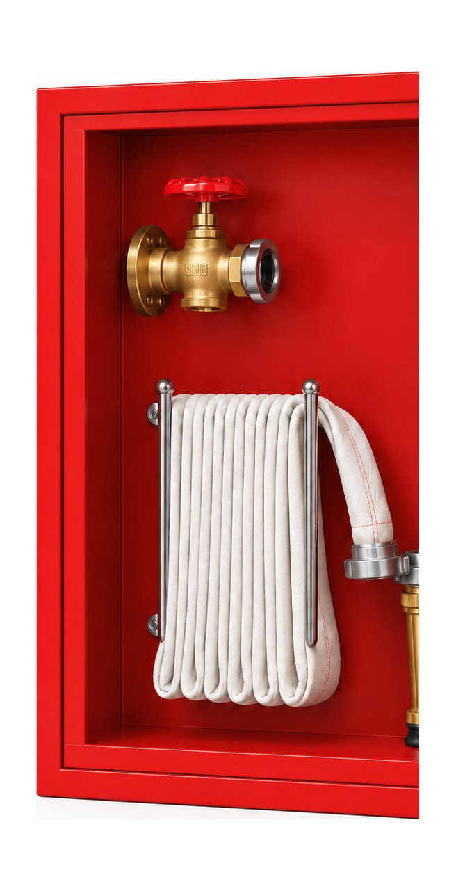 Box hydrant open — brass hydrant valve with red handwheel, folded 1.5 in lay-flat hose on a chrome rack and brass nozzle