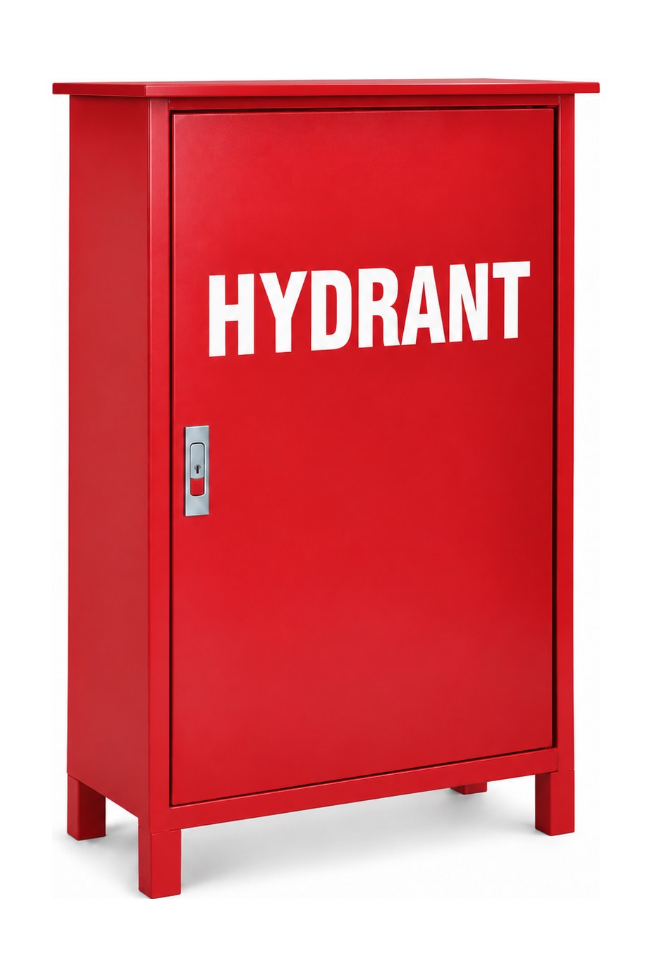 Box hydrant Indonesia tipe C outdoor — red steel box on legs with drip canopy and HYDRANT lettering