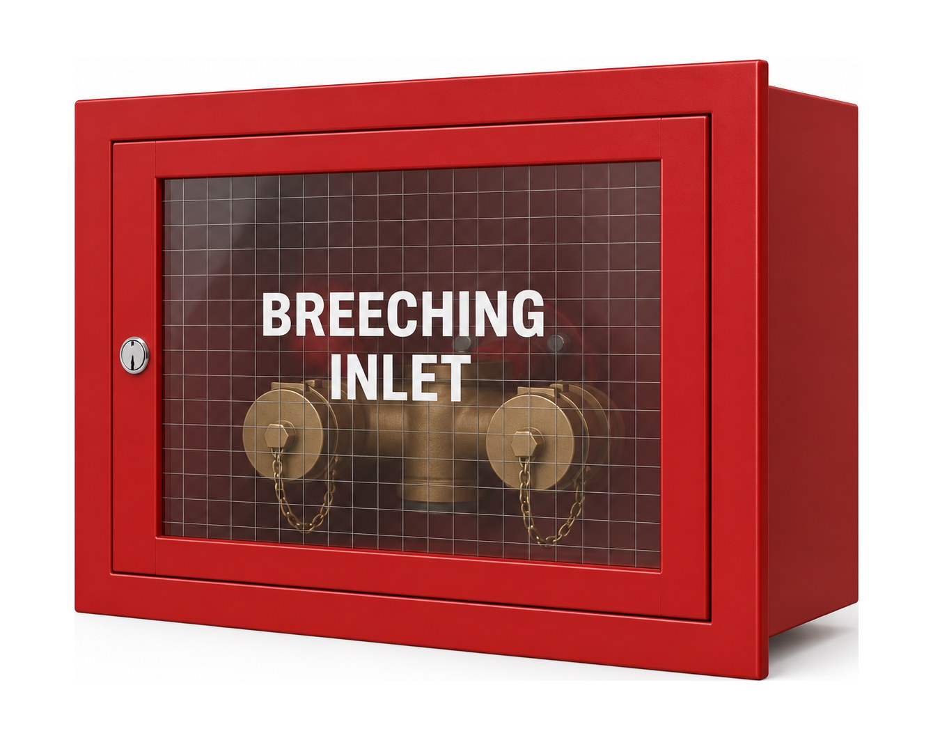 Breeching inlet cabinet — red powder-coated steel with a wired glass door lettered BREECHING INLET and a 2-way inlet breeching inside