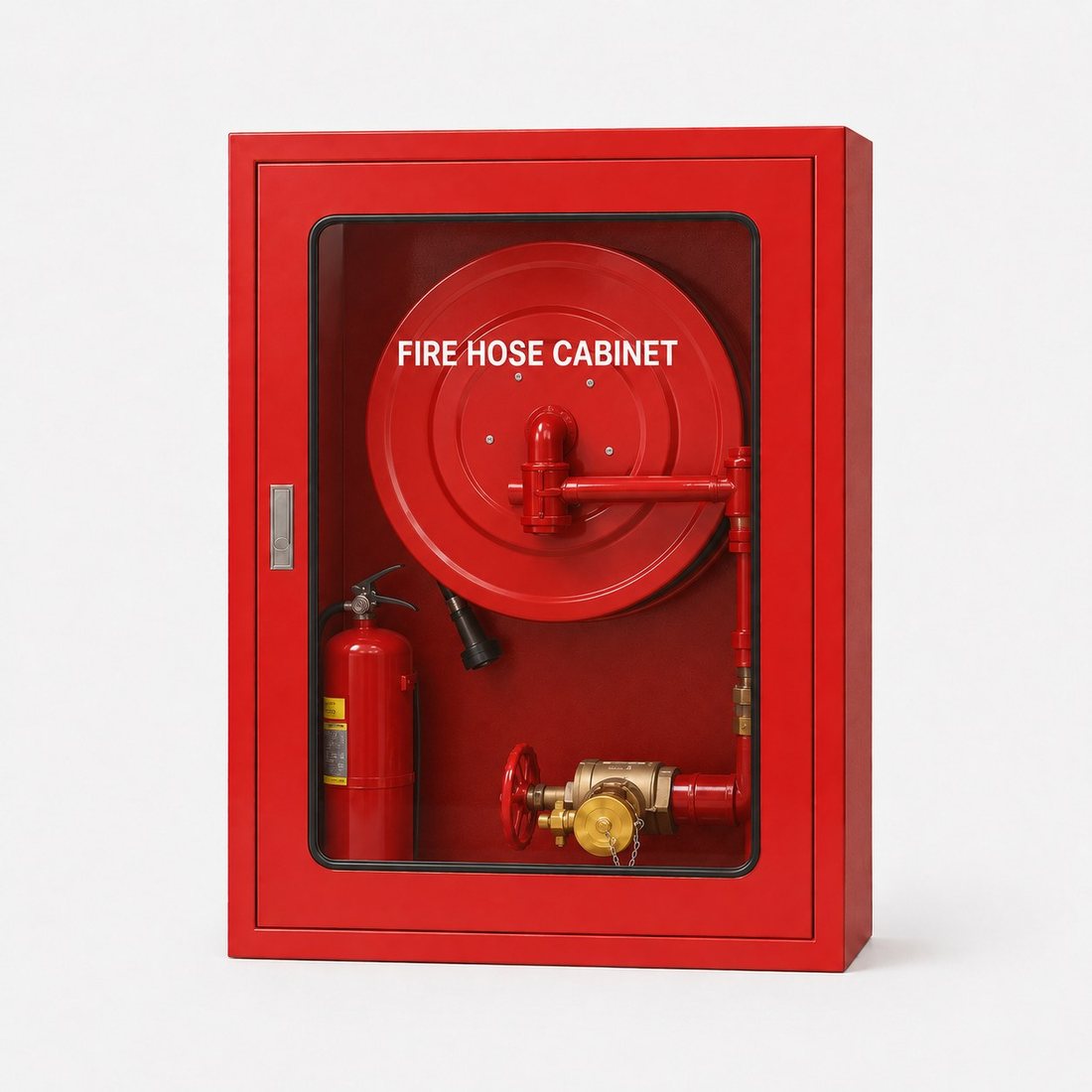 Red powder-coated fire hose cabinet with glass door — hose reel, extinguisher & angle valve · SOKEI L1
