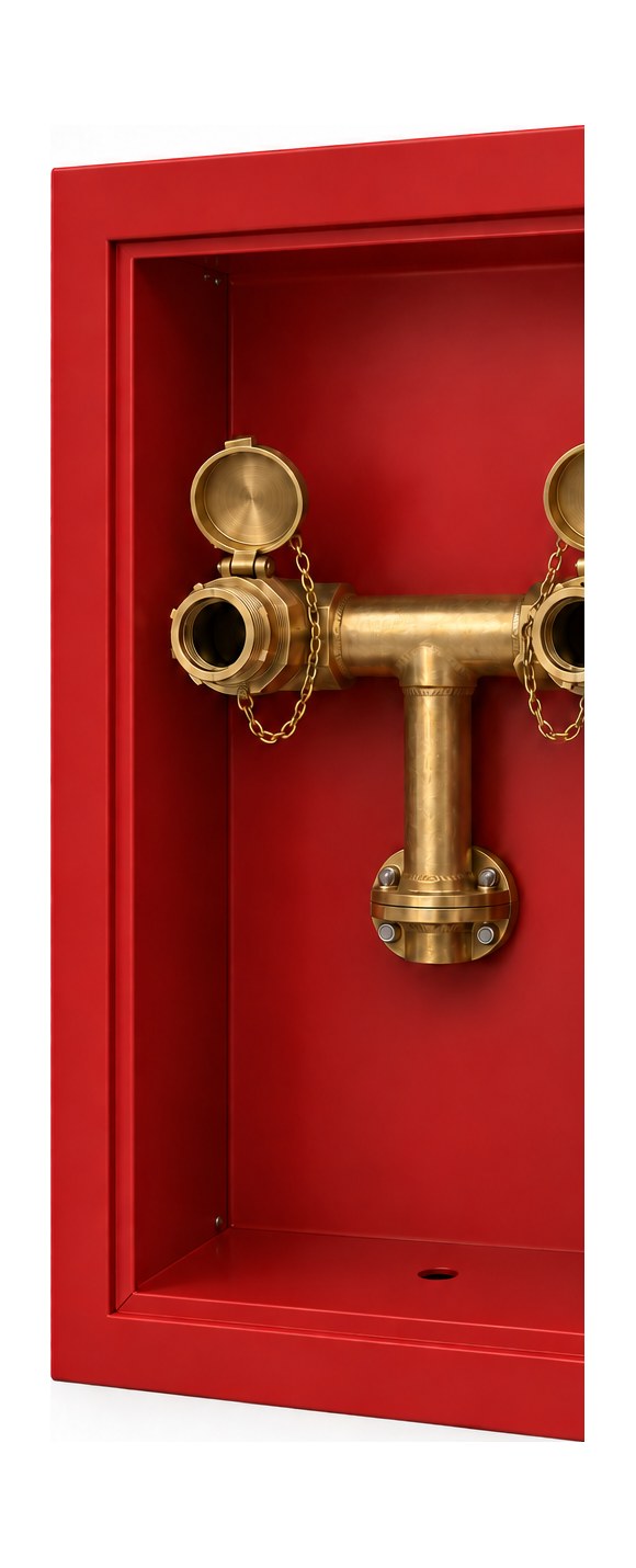 Dry riser inlet cabinet interior — brass 2-way inlet breeching with hinged caps on chains and flanged riser connection