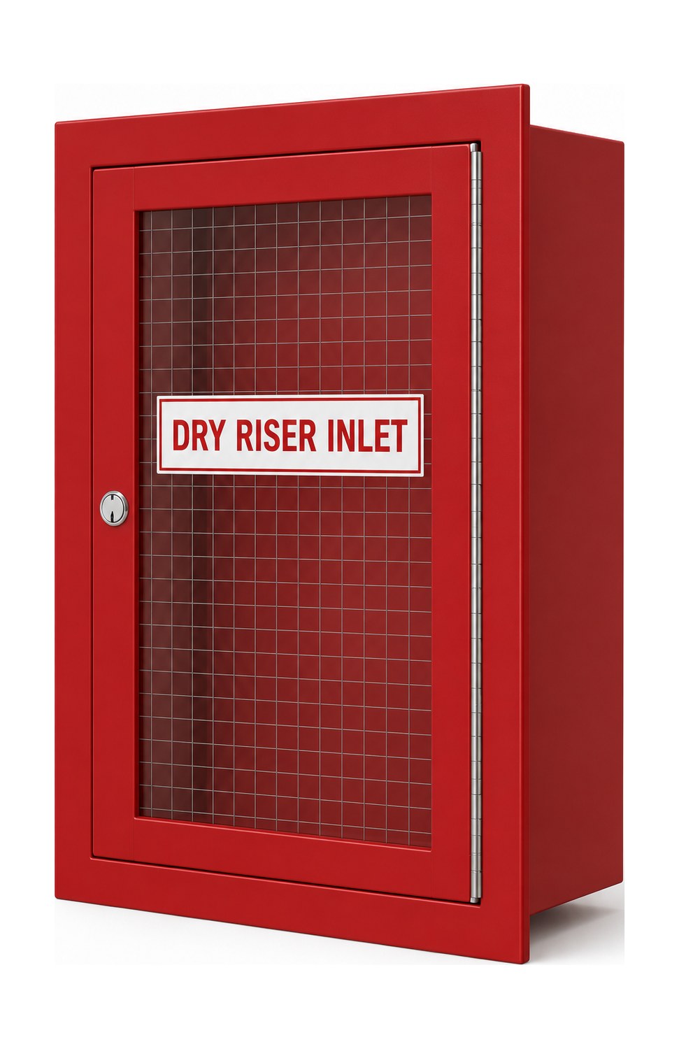 Dry riser inlet cabinet closed — RAL 3002 red steel with Georgian wired glass door and DRY RISER INLET sign