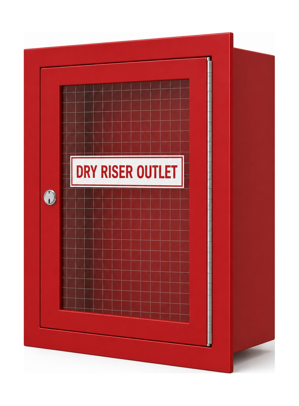 Dry riser outlet cabinet — RAL 3002 red steel with wired glass door and DRY RISER OUTLET sign, for a landing valve