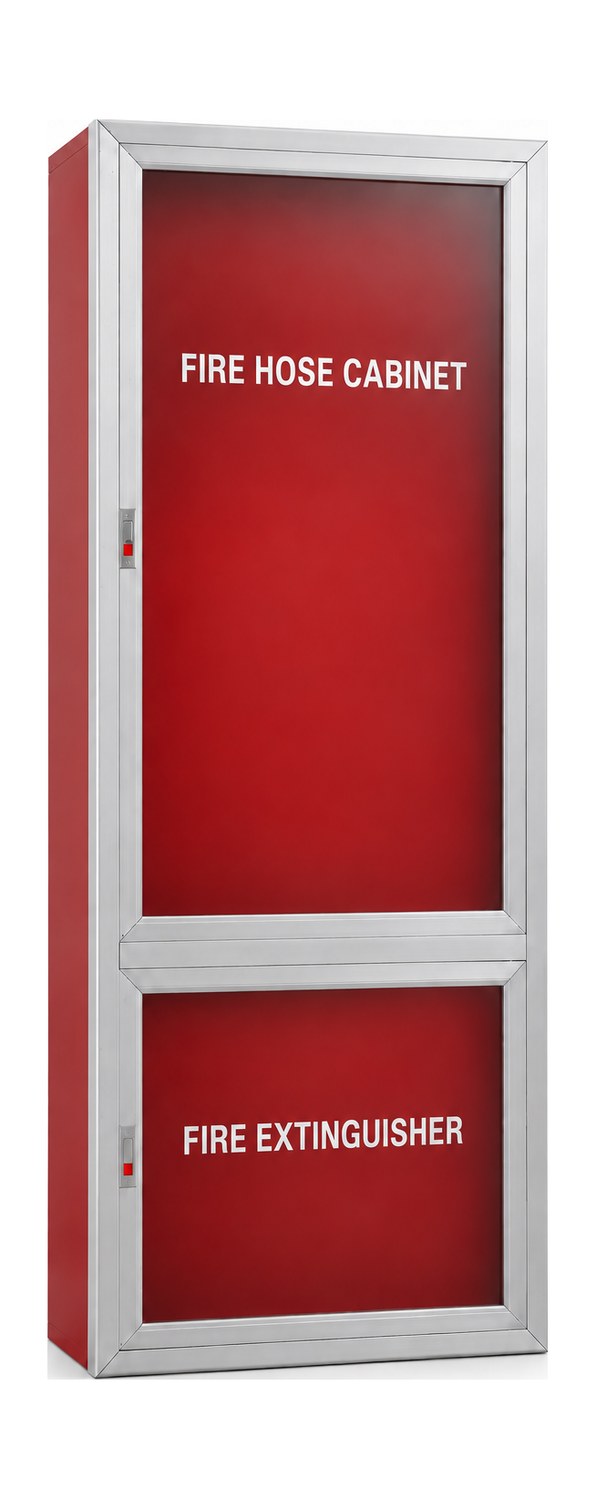 Floor-standing combination fire hose cabinet with fire extinguisher compartment — FIRE HOSE CABINET and FIRE EXTINGUISHER lettering