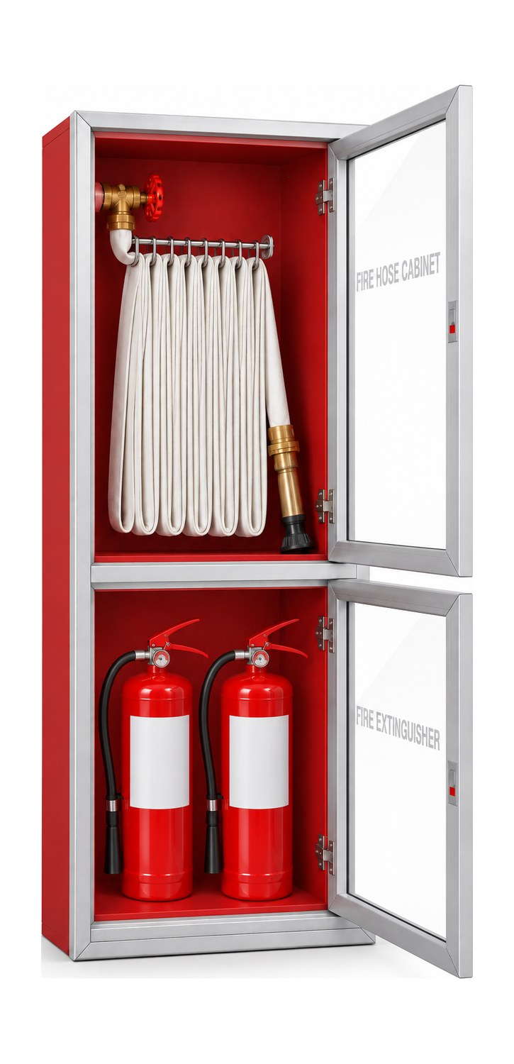 Combination cabinet open: 100 ft hose on pin rack with angle valve and nozzle above, two portable fire extinguishers below