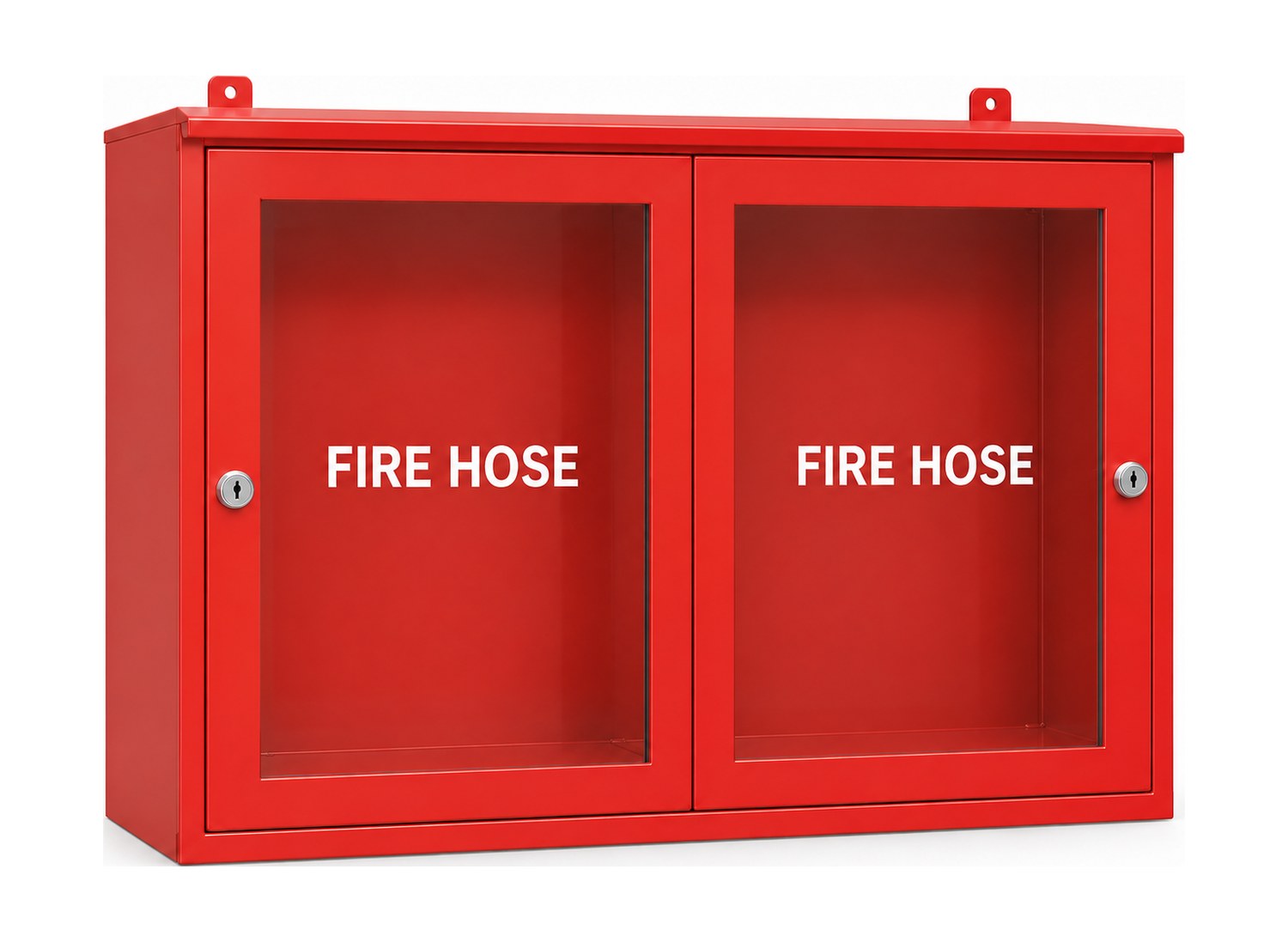 Horizontal double door fire hose box for India — red steel, two clear glass doors with FIRE HOSE lettering and key cam locks