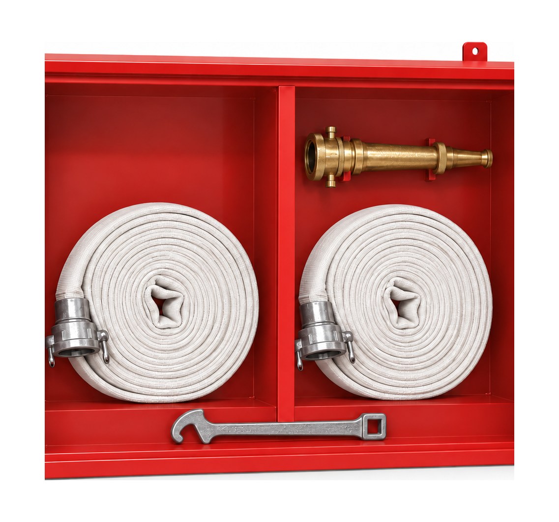 Double door fire hose box open — two coiled 15 m RRL hoses with instantaneous couplings, brass branch pipe and hydrant spanner