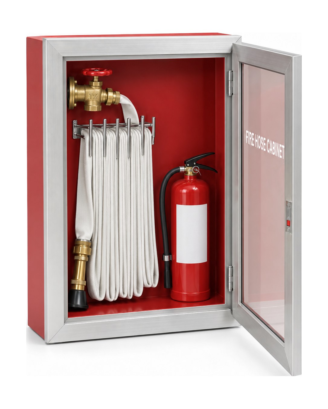 Fire hose cabinet with complete accessories: 1.5 in brass angle valve, pin rack with folded lay-flat hose, brass nozzle and portable fire extinguisher