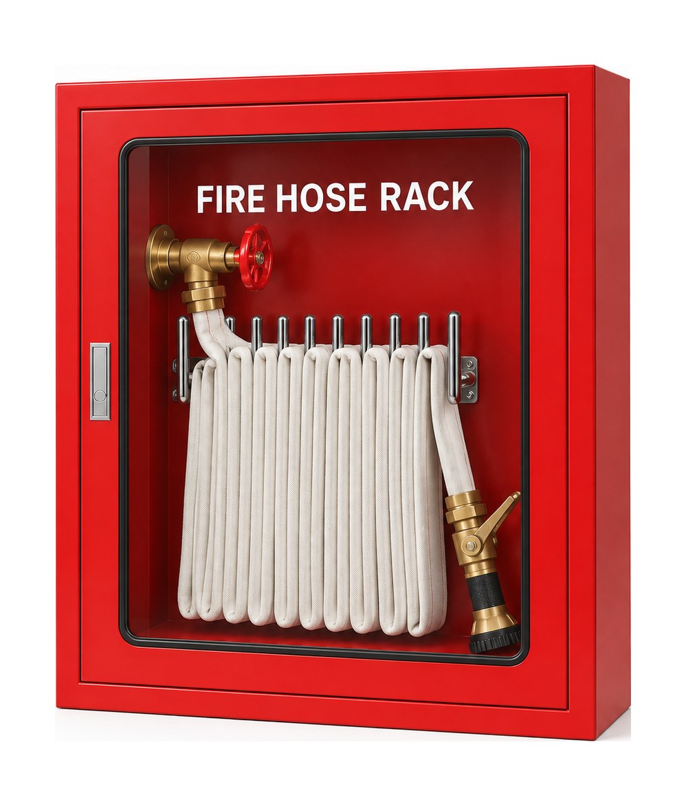 Fire hose rack cabinet Saudi Arabia — red steel with glass door, FIRE HOSE RACK lettering, lay-flat hose on a pin rack and brass angle valve