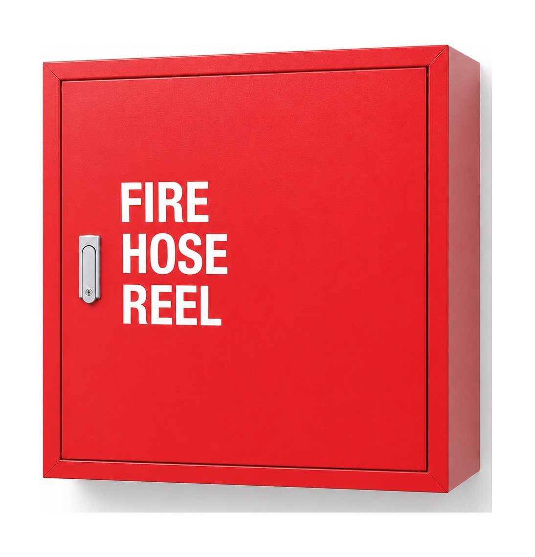 Fire hose reel cabinet Australia — signal red steel with vertical FIRE HOSE REEL lettering
