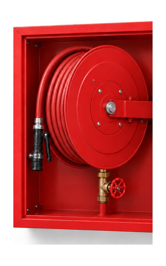 Fire hose reel cabinet open — red swing-arm reel with 19 mm rubber hose, shut-off nozzle and brass inlet valve