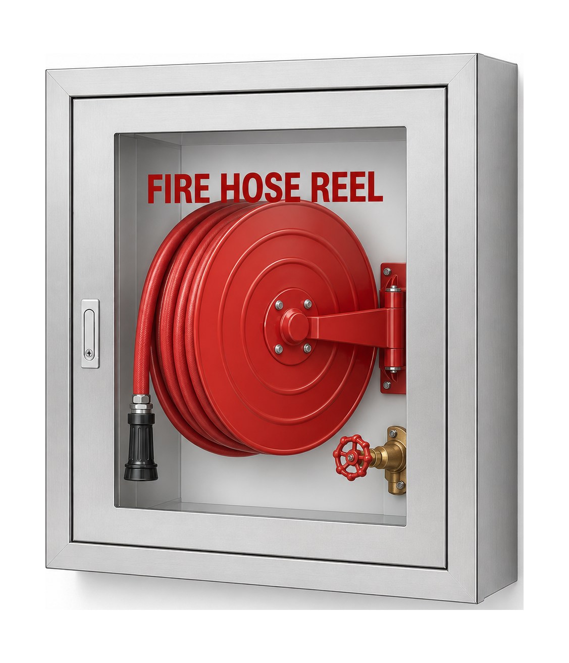 Fire hose reel cabinet UAE — brushed stainless steel cabinet with glass door, FIRE HOSE REEL lettering and BS EN 671-1 hose reel