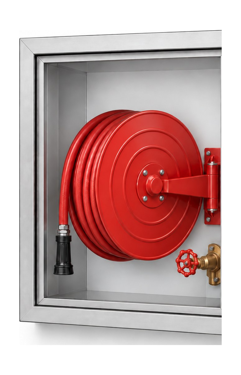 Fire hose reel cabinet open — red swing-arm reel with 25 mm hose, nozzle and brass inlet valve
