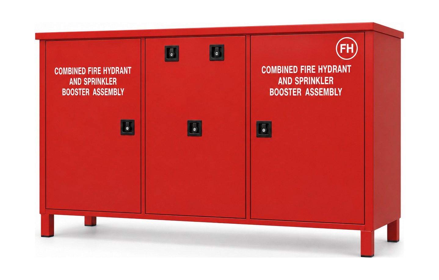 Combined fire hydrant and sprinkler booster cabinet Australia, 3-door — signal red enclosure lettered COMBINED FIRE HYDRANT AND SPRINKLER BOOSTER ASSEMBLY to AS 2419.1, FH identification disc