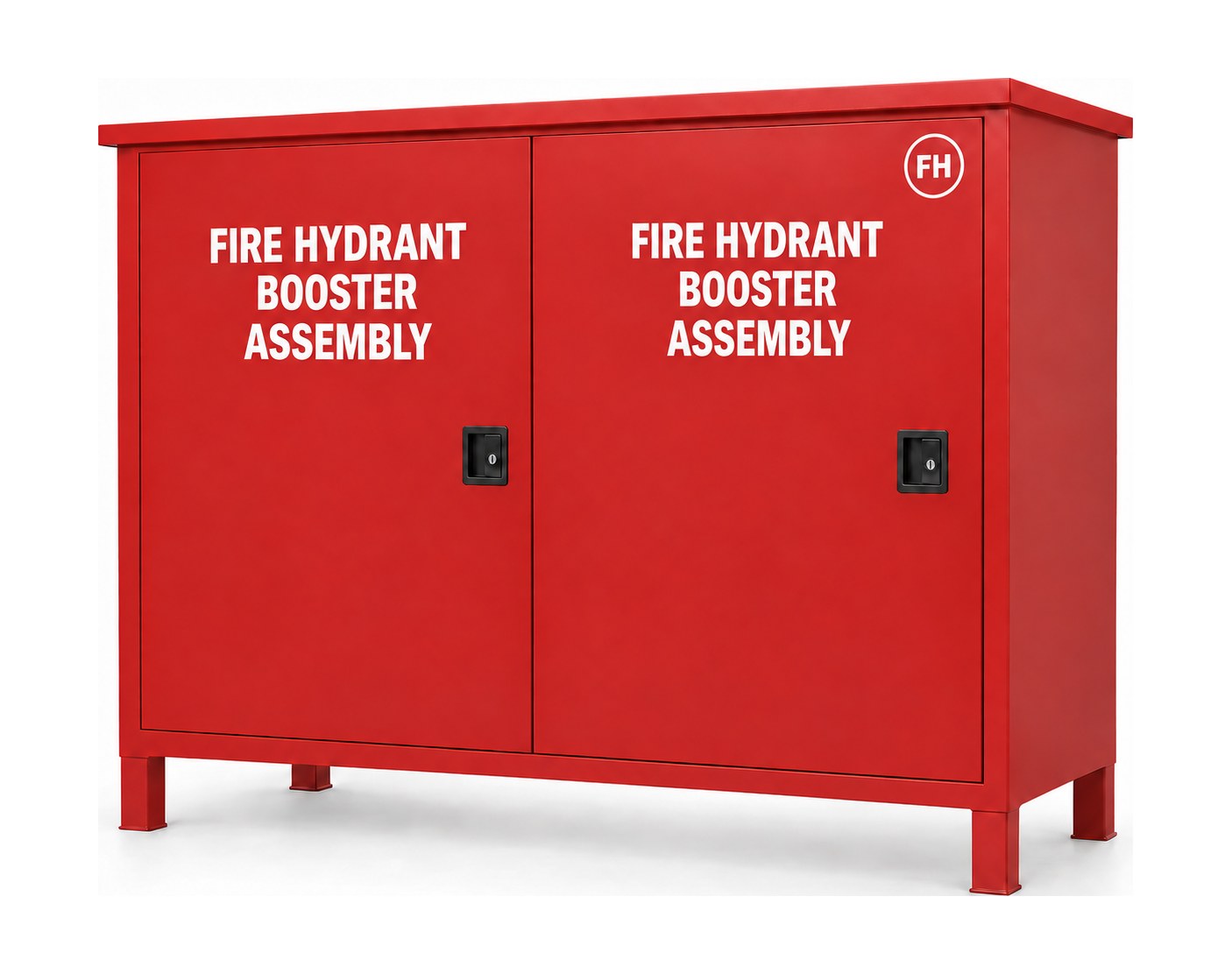 Fire hydrant booster cabinet Australia, 2-door — signal red floor-standing enclosure lettered FIRE HYDRANT BOOSTER ASSEMBLY to AS 2419.1, FH identification disc, concealed pivot hinges
