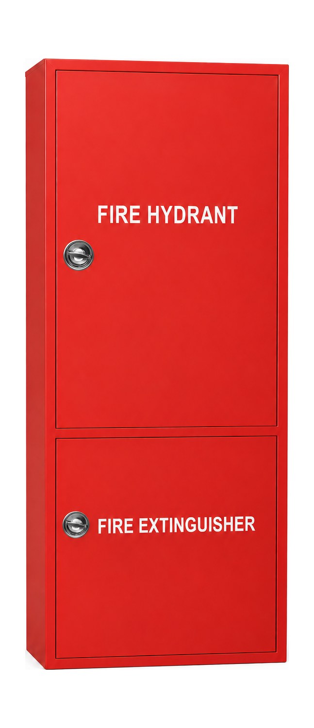 Two-compartment fire hydrant and extinguisher cabinet — red steel with solid doors, FIRE HYDRANT and FIRE EXTINGUISHER lettering and cam locks