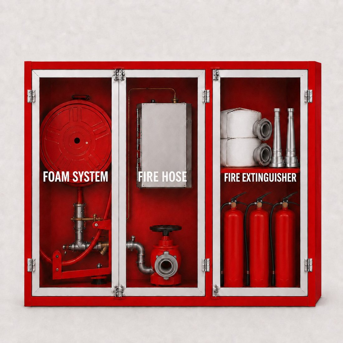 Red three-compartment cabinet housing foam system, fire hose & fire extinguisher · SOKEI L3
