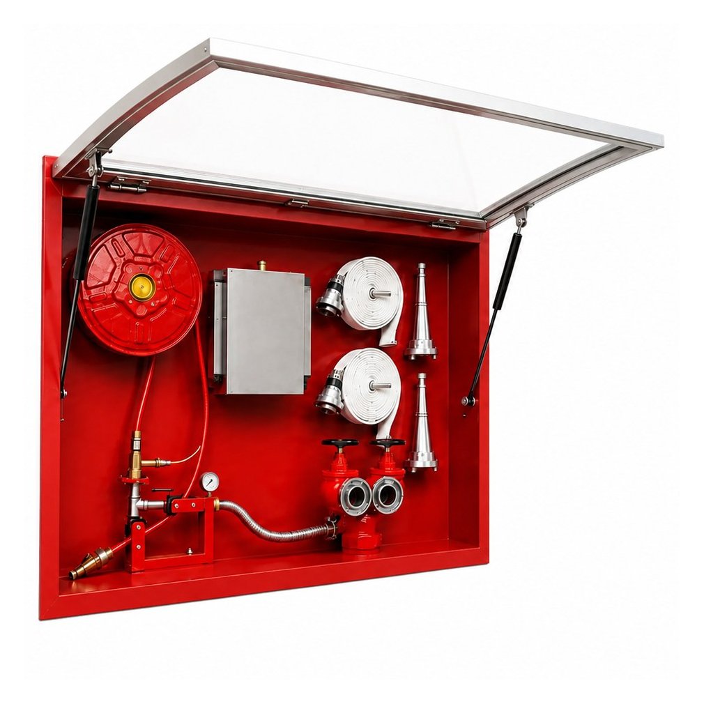 Arc top-flip glass-door foam fire hydrant cabinet, open showing hose reel, valves & nozzles · SOKEI L3