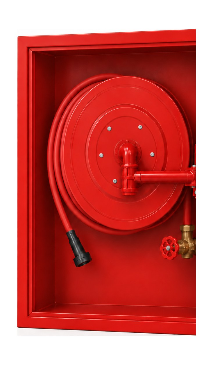 Hose reel cabinet open — red swing-arm reel with 25 mm hose, black nozzle and brass inlet valve with red handwheel