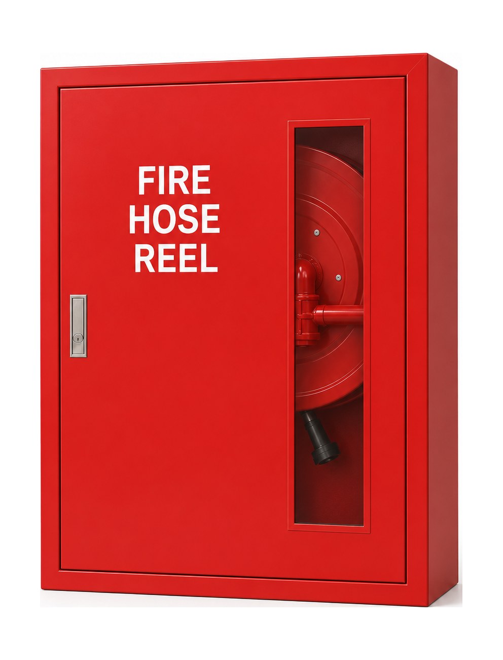 Hose reel cabinet Malaysia — red epoxy mild steel with vertical viewing window and FIRE HOSE REEL lettering