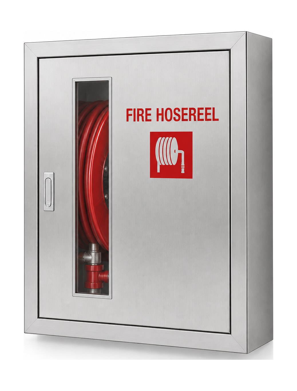 Hose reel cabinet Singapore — hairline stainless steel with vertical viewing window, red FIRE HOSEREEL lettering and hose reel pictogram