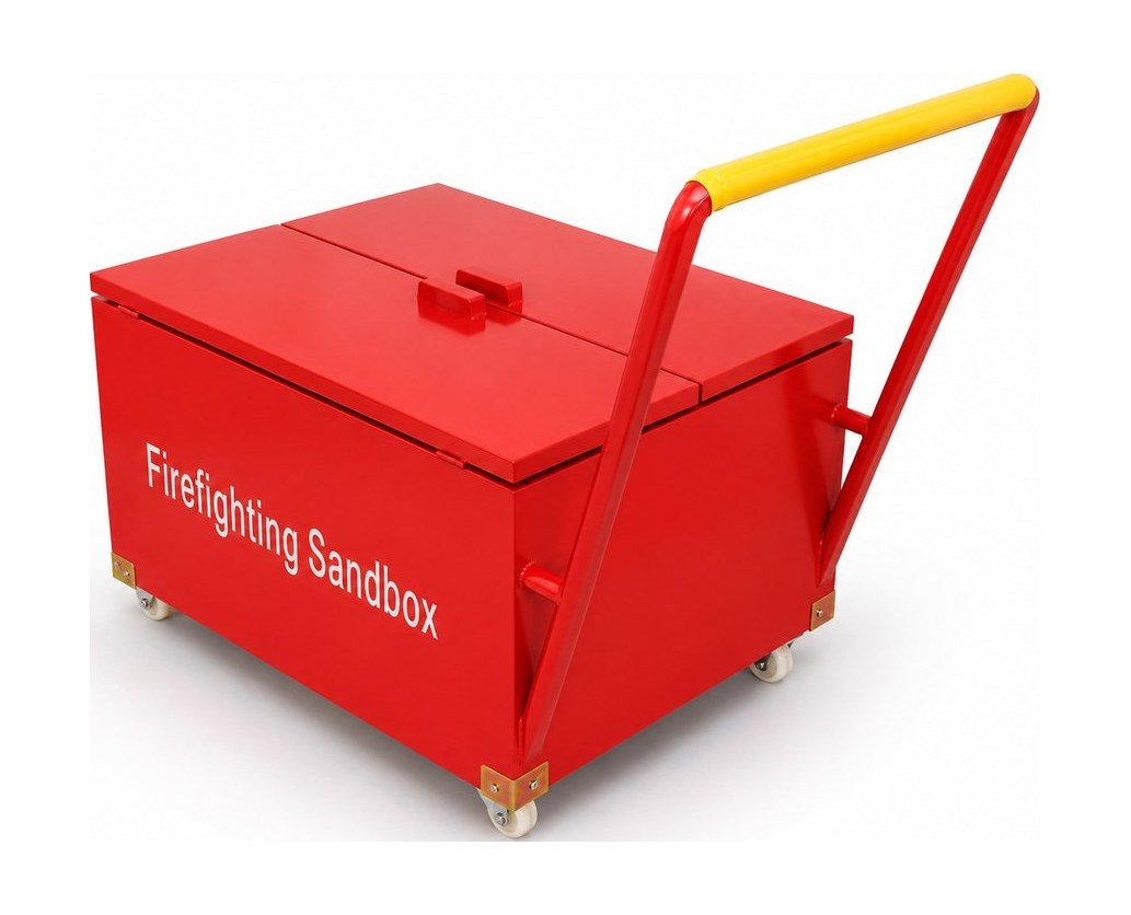 Mobile fire point trolley with fire sand box — red powder-coated steel on wheels for a yard fire point