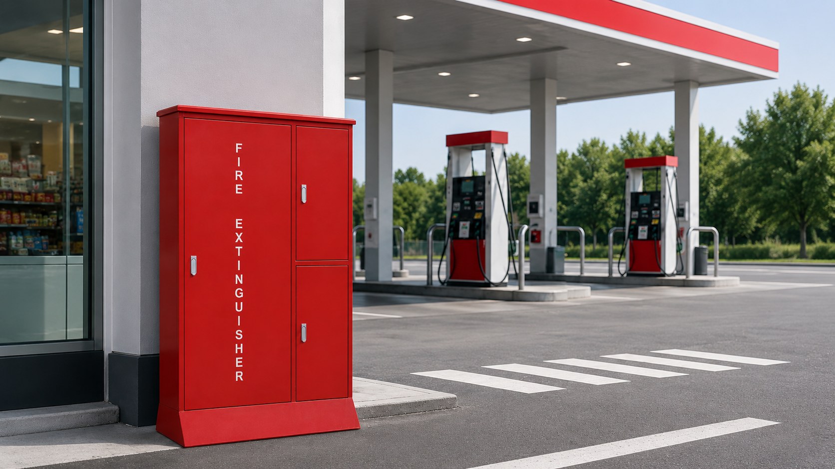 Red combination fire extinguisher cabinet at a petrol station forecourt