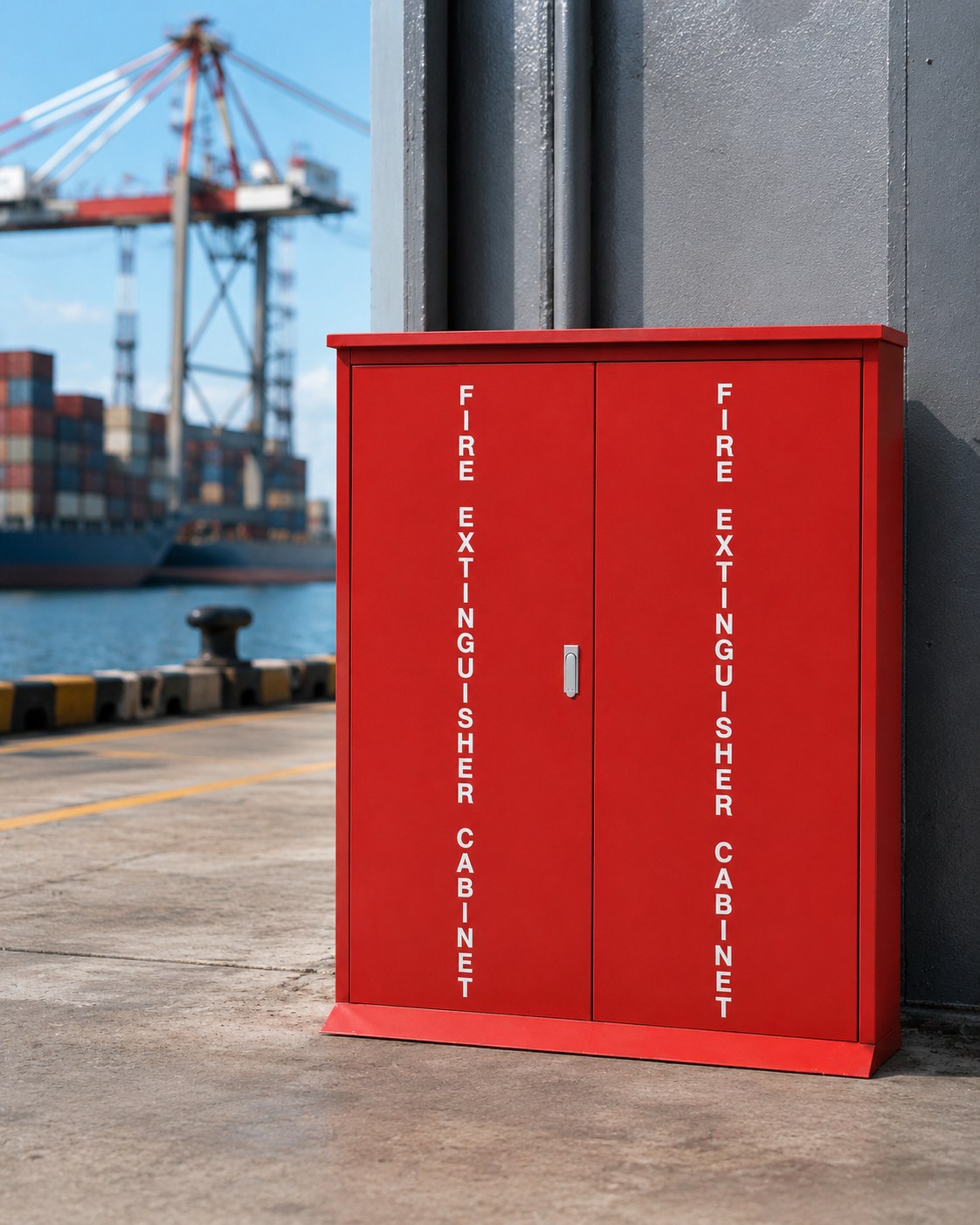 Red fire extinguisher cabinet at a container terminal