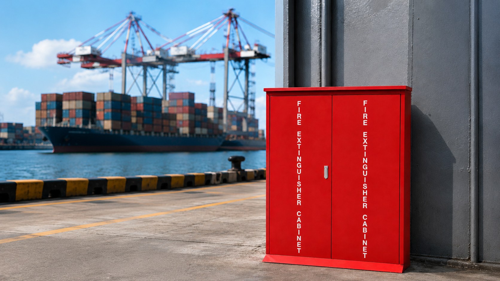 Red double-door fire extinguisher cabinet at a container terminal