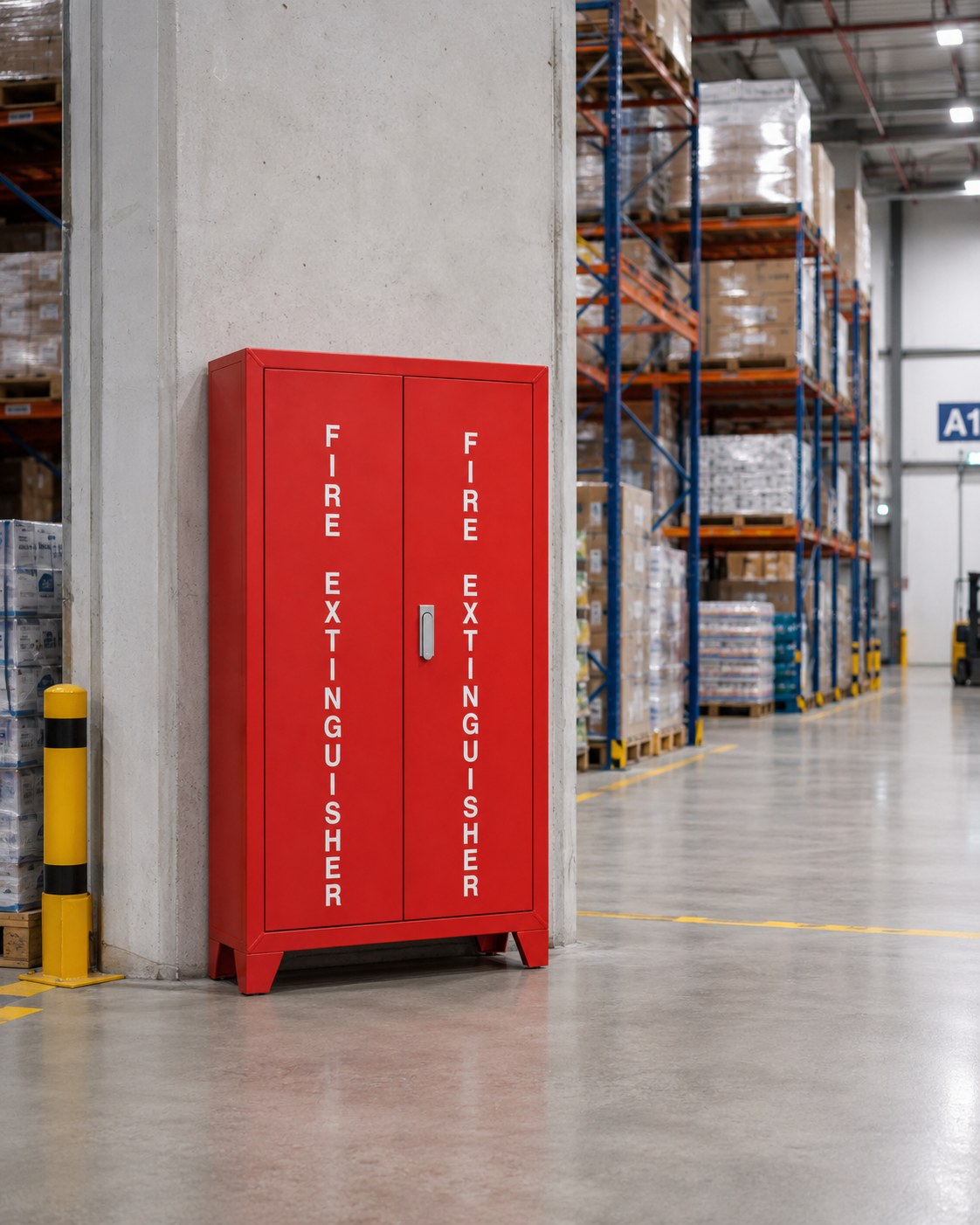 Double-door red fire extinguisher cabinet in a warehouse