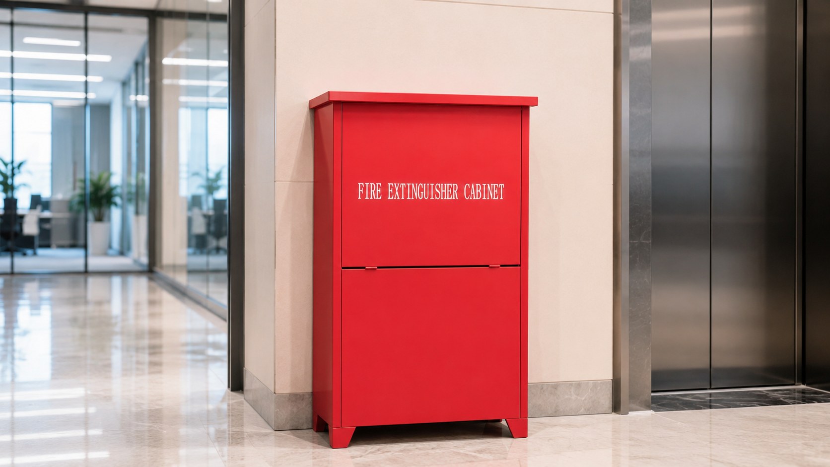 Red floor-standing fire extinguisher cabinet in an office lift lobby